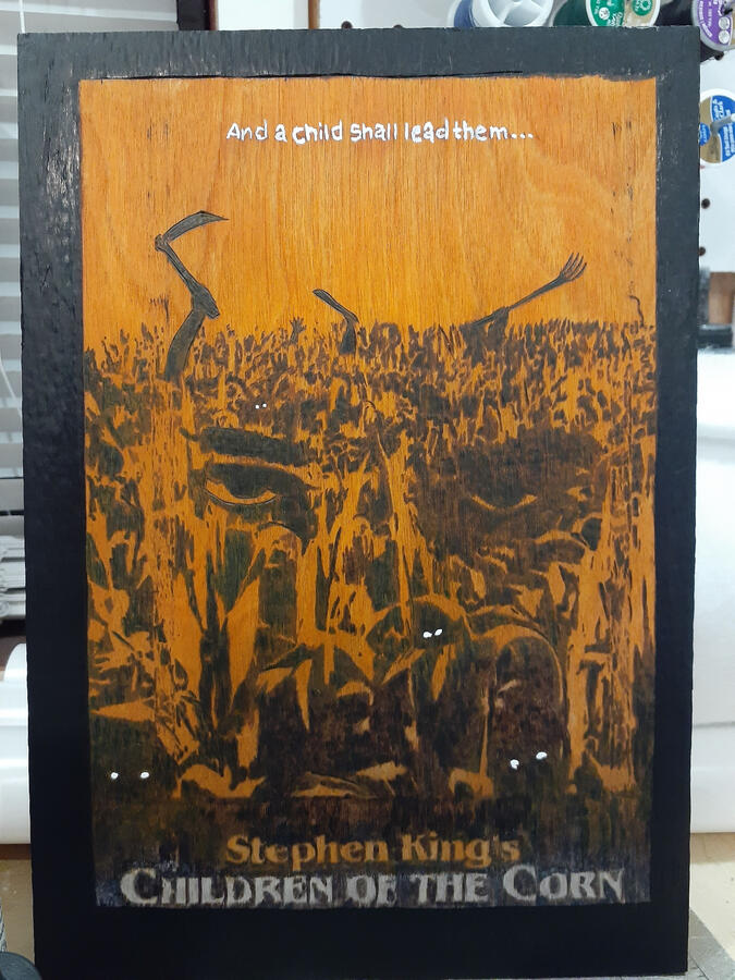 9.5x11" wood burning with ink and poly finish