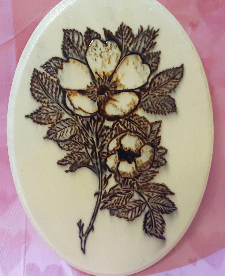 5x7" woodburning, ink, poly finish