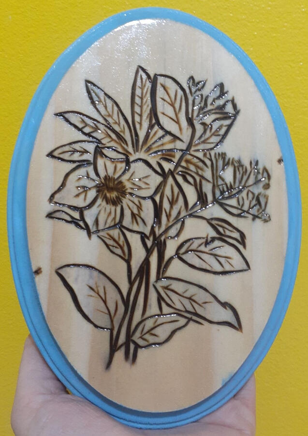 5x7" woodburning ink & poly finish